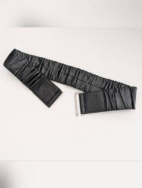 Women's Black Ruched Elastic Waist/Stretch Belt with Silver Hook Closure